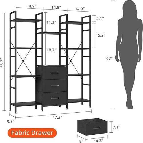 AFLUI Triple Bookshelf with 3 Fabric Drawers, 4-Tier Book Shelf and 10 Display Shelves, Industrial Large Bookcase for Home & Office, Black, 47'' Wide