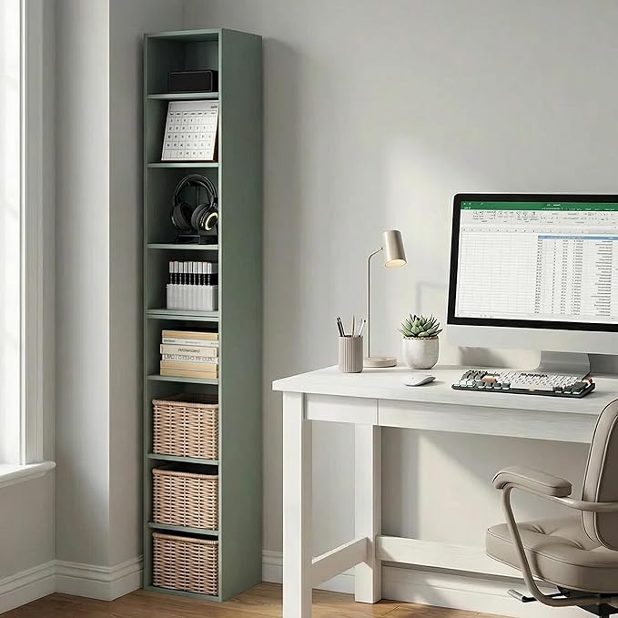 Furinno PASIR Book Shelf, 8-Tier Separable Tall Bookshelf, Stackable Bookcase with Adjustable Open Shelf, 9.3 x 11.8 x 70.9, for Living Room, Bedroom, Home Office, Sage Green