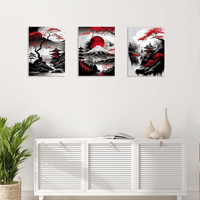 3 Piece Framed Canvas Wall Art Japanese Landscape Wall Decor with Red Sun, Mount Fuji, Pagoda & Cherry Blossom, Modern Asian Artwork for Living Room Bedroom Office, 12x16 Inch