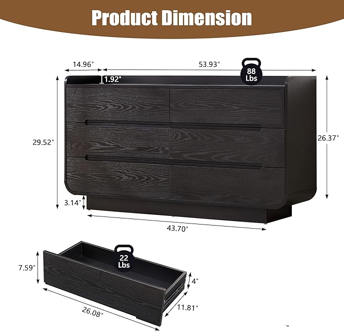 Curved 6 Drawer Dresser for Bedroom, Modern 53-Inch Chest of Drawers, Wood Storage Dresser Organizers with Hidden Handles, 6 Drawer Dressers for Bedroom, Nursery, Living Room, Black