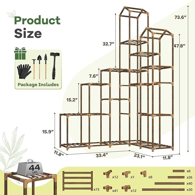 EnHomee 73.6" H Plant Stand Indoor Outdoor Tall Plant Shelf for 17-23 Pots Corner Tiered Plant Stands for Multiple Plants Wood Hanging Plants Holder for Garden Balcony Patio Window Porch