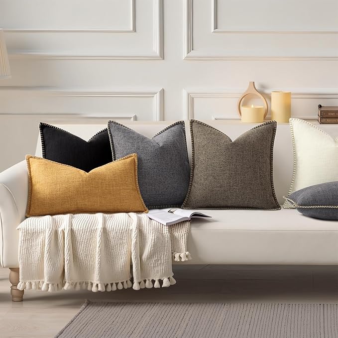 decorUhome Summer Decorative Throw Pillow Covers 16x16 Set of 2 Square Faux Linen Farmhouse Pillow Covers with Stitched Edge Outdoor Neutral Pillow Covers for Couch Sofa Living Room, Chocolate