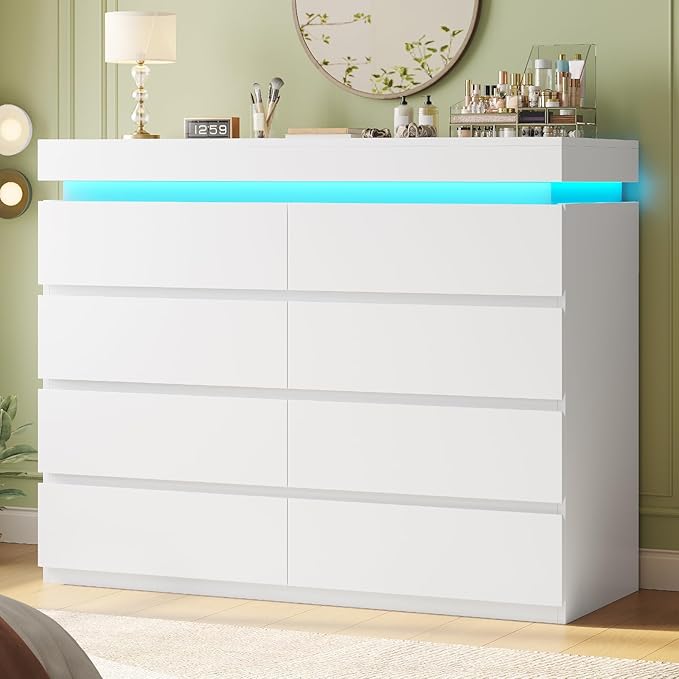 HAUOMS 8 Drawer Dresser with LED Light, White Modern Chest of Drawers for Bedroom,Closet Dressers with Drawers for Living Room, Entryway, Hallway