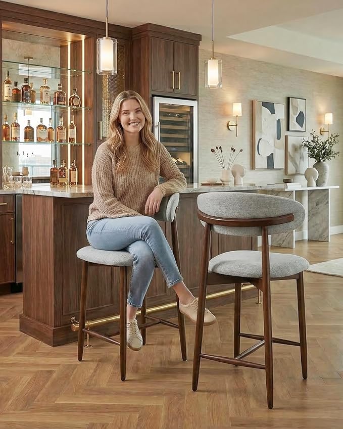 Bar Stools Set of 4, 25.6″ Counter Height Bar Stools with Wood Legs, Upholstered Modern Kitchen Barstools for Kitchen Island Dining Room Bar, Light Grey