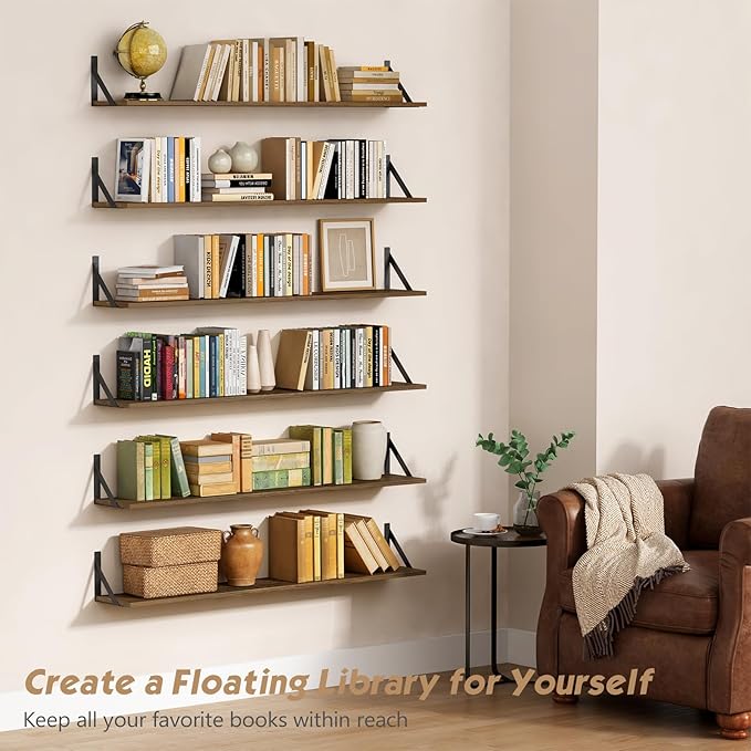 Forbena 48 Inch Floating Shelves for Wall Long Set of 3, Large Wooden Wall Bookshelf for Bedroom Books, Rustic Wood Hanging Bookshelves for Living Room Laundry Closet Kitchen Storage (Dark Brown)