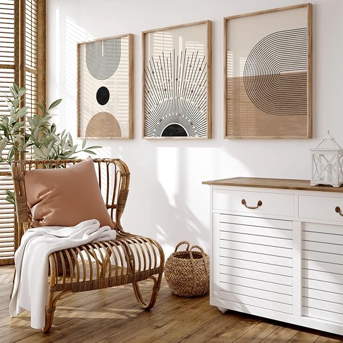 Mid Century Modern Wall Art Set of 3 Neutral Boho Art Prints Abstract Geometric Wall Art Picture Black Beige Minimalist Painting Canvas Artwork for Living Room Bedroom 24x36 Inch UNFRAMED