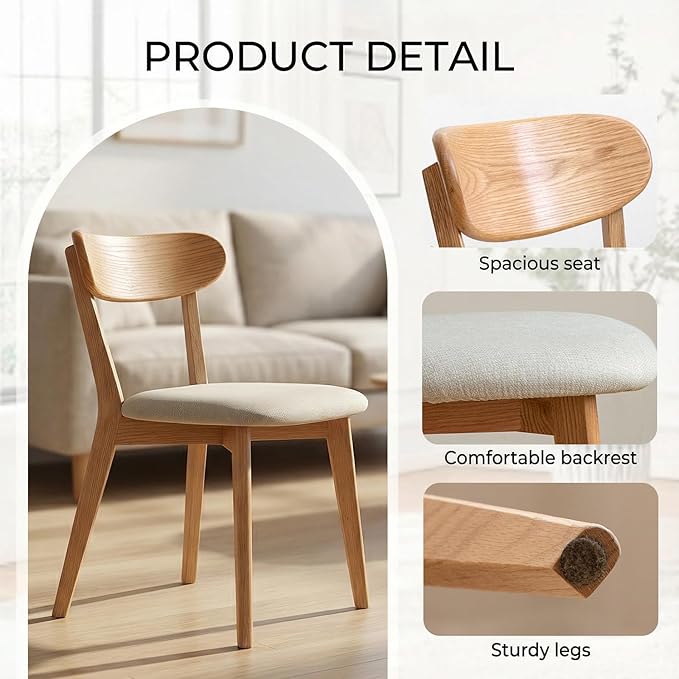 100% Solid Wood Dining Chairs,Mid Century Modern Dining Chairs with Upholstered Cushion,Kitchen,Dining Room Chairs Set of 1/2/4 (1, Original Color White Upholstery)