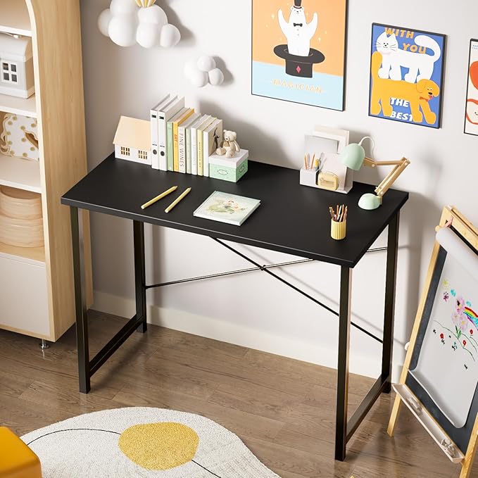 Sweetcrispy Computer Office Desk 48 Inch Student Study Writing Work with Metal Frame Wood Tabletop Modern Simple PC Home Bedroom Table - Basic Black