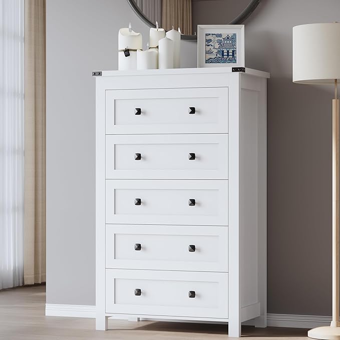 BORNOON Tall 5-Drawer Dresser, Modern Wooden Storage Chest of Drawers, Dresser TV Stand, Wood Drawer Organizer with Metal Handles for Bedroom, Living Room, Hallway