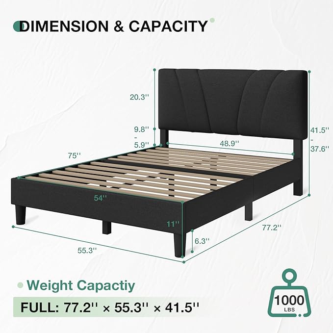 Novilla Full Size Bed Frame with Adjustable Headboard Platform Full Bed Frame with Linen Upholstered Headboard, No Box Spring Needed, Noise-Free, Easy Assembly, Dark Grey