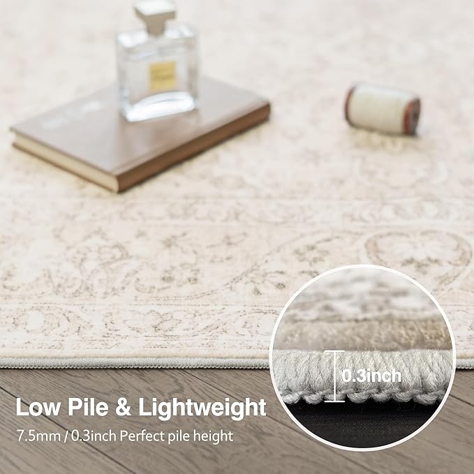 FMFUNCTEX 3x4 Washable Area Rug Beige Vintage Neutral Distressed Non Slip Low Pile Floral Retro Indoor Carpet for Entryway Entrance Thin Soft Rug Living Room Bedroom Kitchen Office Desk Laundry
