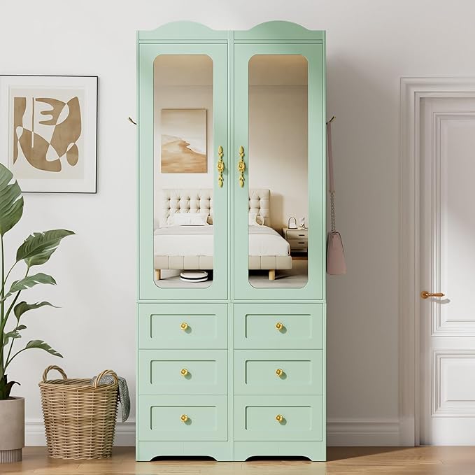 Armoire Wardrobe Closet, Green Bedroom Armoires Cabinet with Mirror Door and 6 Drawers, 69.5" H Wood Clothing Storage Cabinet with Hanging Rod & Sensor Light for Bedroom-(Left+Right)