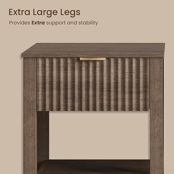 Fluted Night Stand with Golden Handle,Set of 2 Mid-Century Nightstands with Drawer,Bedside Table with Storage Shelf,Large Wood End Tables for Livingroom,Bed Side Tables for Bedroom,Walnut