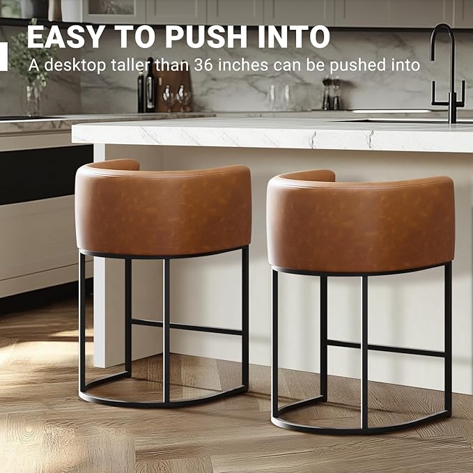 26" H Counter Height Bar Stools Set of 3, Modern Barrel Counter Stools with Backrest and Arms, Faux Leather Upholstered Accent Barstools for Kitchen Island,Support 450 LBS (Walnut Brown