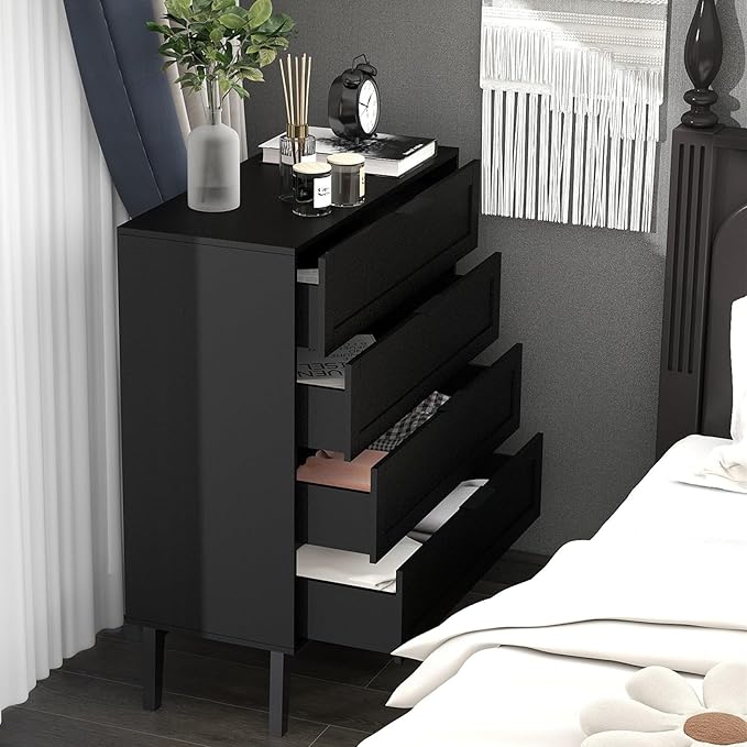 TaoHFE Black 4 Drawer Dresser for Bedroom,Wood Lingerie Chest of Drawers for Bedroom,Modern 36inch Tall Black Dresser for Bedrooms Living Room, Entryway, Cloakroom