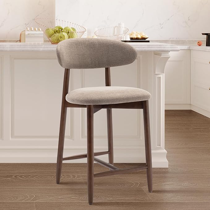 COLAMY Counter Height Bar Stools Set of 3, Kitchen Bar Stools with Back, Mid Century Modern Upholstered, with Wood Legs for Kitchen Island Dining Room, Camel