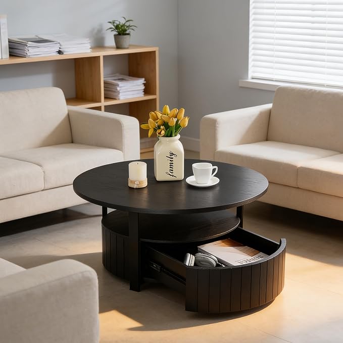 33.07" Round Coffee Table with Storage, 2 Tier Modern Wood Center Table with Drawer, 2 Tiers and 1 Drawer, Accent Table for Living Room, Apartment, Small Space.(Black)