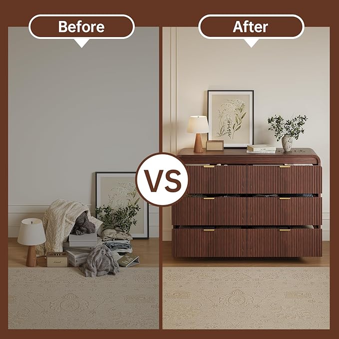 FURSUN Fluted 6 Drawers Dresser for Bedroom, 54" Wide Wooden Dresser with Metal Handle, Curved Profile Design, Modern Storage Organizer for Bedroom, Living Room, Hallway, Dark Walnut