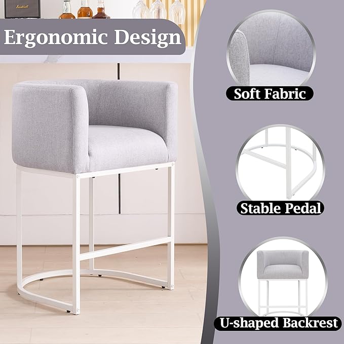 ClinQ 26" H Counter Height Bar Stools Set of 2, Modern Barrel Counter Stools with Backrest and Arms, White Metal Frames, Linen Fabric Upholstered Accent Barstools for Kitchen Island, Light Grey