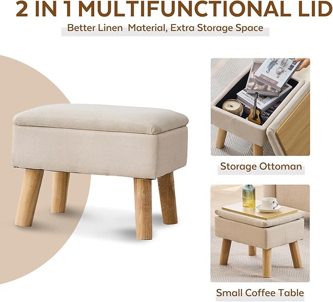 Storage Ottoman, Small Foot Stool Ottoman with Storage, Linen Foot Rest with Wood Legs, Footstool for Living Room, Bedroom, Entryway, Beige
