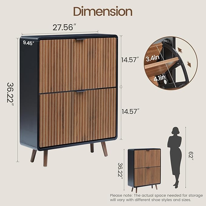 FurSch Fluted Shoe Storage Cabinet with 2 Flip Drawers, Narrow Shoe Rack Cabinet Organizer with Adjustable & Removable Shelves for Entryway (Walnut and Black, 2 Drawers)