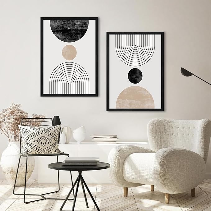 Mid Century Modern Wall Art Prints Set of 2 Neutral Abstract Geometric Wall Art Boho Canvas Prints Mid Century Eoind Wall Decor Modern Abstract Pictures Artwork for Home Room 16x24 Inch Black Framed