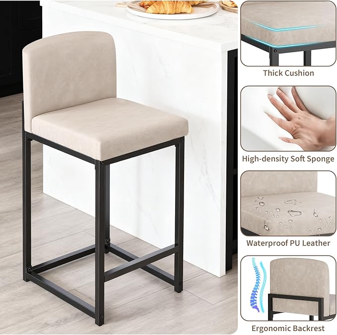 GarveeHome Bar Stools Set of 6, Modern Counter Height Bar Stools with Back and Footrest, Faux Leather Upholstered Barstools Chairs for Kitchen Island Dining Room Bar, Beige