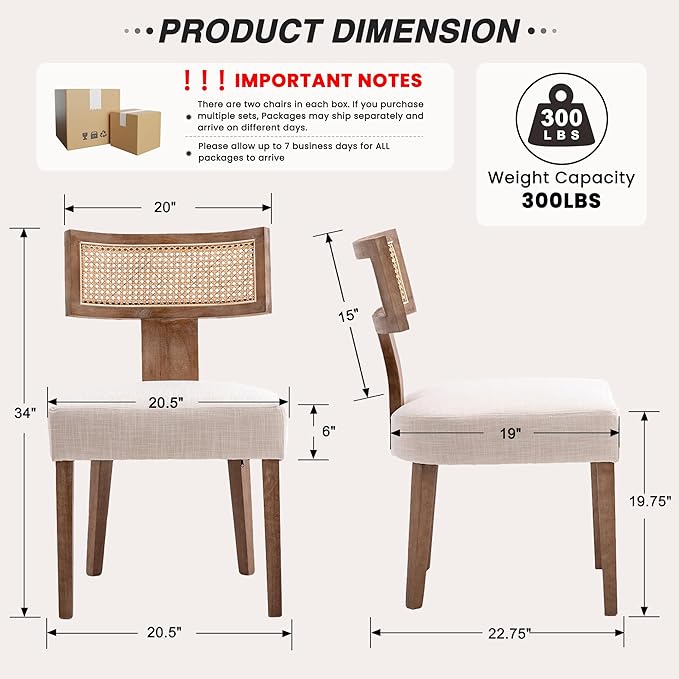 HNY Mid Century Modern Rattan Dining Chairs Set of 6, Farmhouse Linen Upholstered Accent Chair Curved Backrest Kitchen Chairs, with Hardwood Frame, Beige