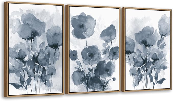 arteWOODS Botanical Framed Wall Art - Abstract Watercolor Style Pictures Grey Blue Floral Wall Decor Minimalist Prints Aesthetic Flowers Painting Artwork 20" x 28" Set of 3 Natural Framed