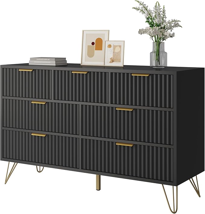 Black Dresser for Bedroom, 7 Drawers Dresser with Golden Handles, Modern Wood Chest for Living Room, Hallway, Entryway