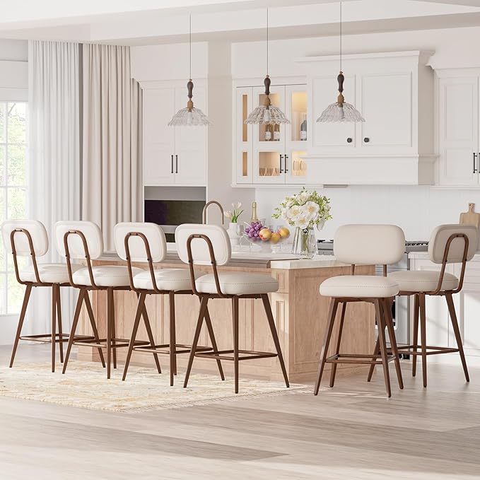 MALOL 26“ Swivel Bar Stools Set of 6, Mid Century PU Leather Counter Height Bar Chairs with Low Back and Metal Legs, Modern Bar Stool Chair for Kitchen Island, Beige