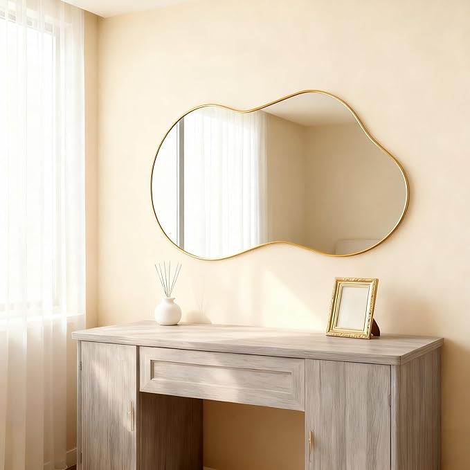 Itrue 26×46 Inch Gold Framed Irregular Tempered Glass Wall Mirror, Asymmetrical Vanity Mirror for Bathroom, Bedroom, Entryway
