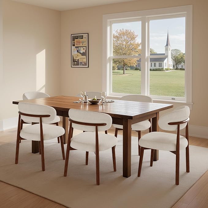 Farmhouse Dining Chairs Set of 6, Mid Century Modern Fabric Upholstered Kitchen Chairs, Wooden Dining Room Chair with Curved Back for Kitchen Dining Room Restaurant Cafe, Warm Gray (Only Chairs)