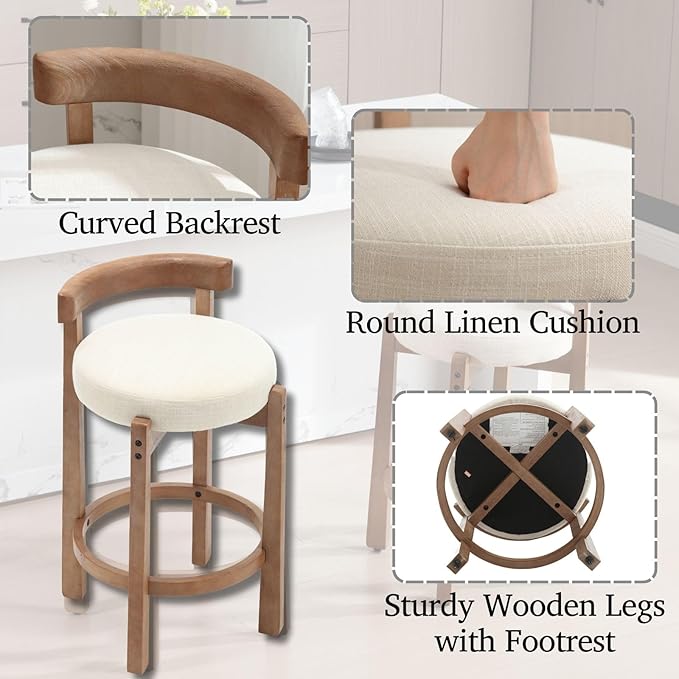 LukeAlon Mid Century Linen Counter Stools Set of 2, Upholstered 26.5” Seat Height Low Barstools with Natural Wood Legs Round Low Back Kitchen Stools with Footrest for Dining Room, Beige