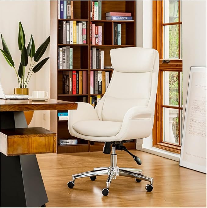 Glitzhome Modern Executive Home High-Back Office Chair - Leather Adjustable Swivel Desk Chair with Armrest(Cream)