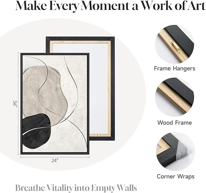 Framed Black and White Abstract Wall Art for Living Room, Large 3 Piece Neutral Minimalist Canvas Artworks, Modern Painting Prints for Dining Room Hallway Home Office Wall Decor, 24x36 In