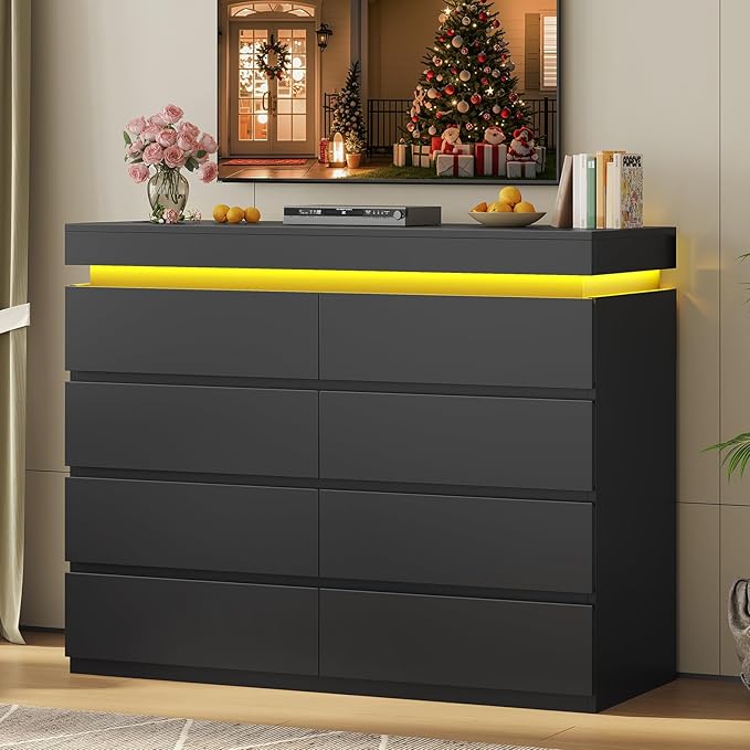 HAUOMS 8 Drawer Dresser with LED Light, Black Modern Chest of Drawers for Bedroom,Closet Dressers with Drawers for Living Room, Entryway, Hallway