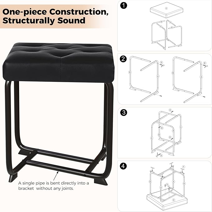 BEWISHOME Black Vanity Stool, Leather Vanity Stool, Small Stool Chair for Vanity, Square Ottoman Foot Stool, Makeup Vanity Chairs with Thick Padded Seat for Small Spaces, Bathroom, Bedroom, Entryway