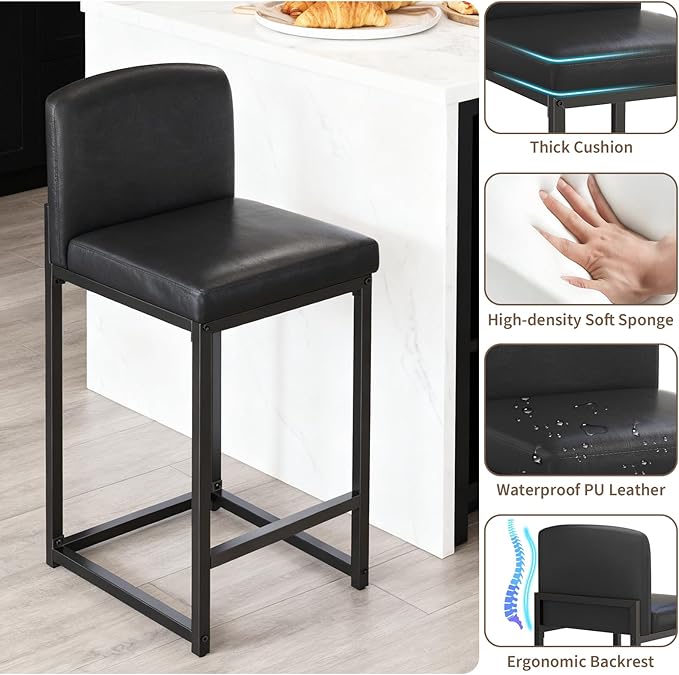 GarveeHome Bar Stools Set of 4, Modern Counter Height Bar Stools with Back and Footrest, Faux Leather Upholstered Barstools Chairs for Kitchen Island Dining Room Bar, Black