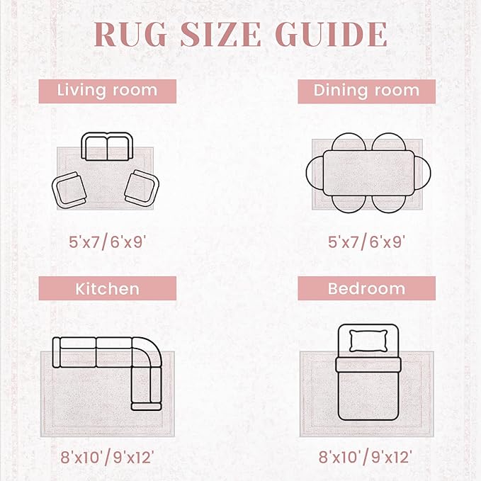 8x10 Area Rugs for Living Room: Washable Large Vintage Floral Rug Low Pile Non-Slip Boho Carpet for Bedroom Home Office Dining Room (Pink, 8'x10')