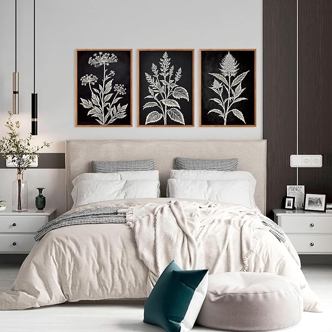 HPNIUB Vintage Floral Framed Canvas Wall Art Set, Minimalist Botanical Wall Decor, Nature Inspired Wildflower Leaf Wall Painting, Neutral Artwork for Living Room, Office(Set of 3,12X16 Inch)