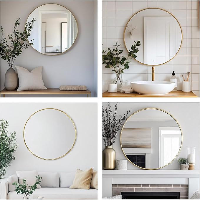 Oruii Gold Circle Mirror, 20 inch Gold Round Mirror, Circular Wall Mirrors Golden Metal Frame, Round Wall Mirrors for Living Room, Bedroom, Bathroom, Hallway, Rustic, Vanity (Brass)