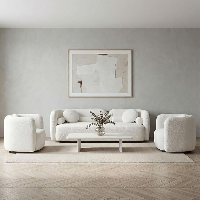 Curved Sofa Set for Living Room, 3-Seater Upholstered Boucle Fabric Modern Sofa Set of 3 Piece Couch Set Minimalist Sofa with Oversized Single Sofa Chair Modern Sofa Set Home Bedroom Office White