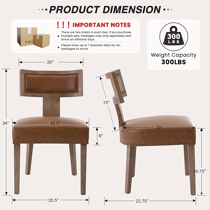 HNY Mid Century Modern Dining Chairs Set of 6, Farmhouse PU Leather Upholstered Accent Chairs Curved Nailhead Trim Backrest Kitchen Chairs, with Hardwood Frame, Brown