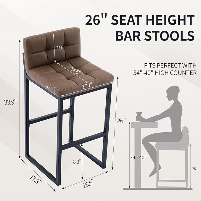 FIRAVOE Counter Height Bar Stools Set of 2, Modern Faux Leather Counter Stools with Low Back and Footrest, Upholstered Bar Chairs for Kitchen Island (Coffee Brown, 2Pcs 26" Counter Stools)