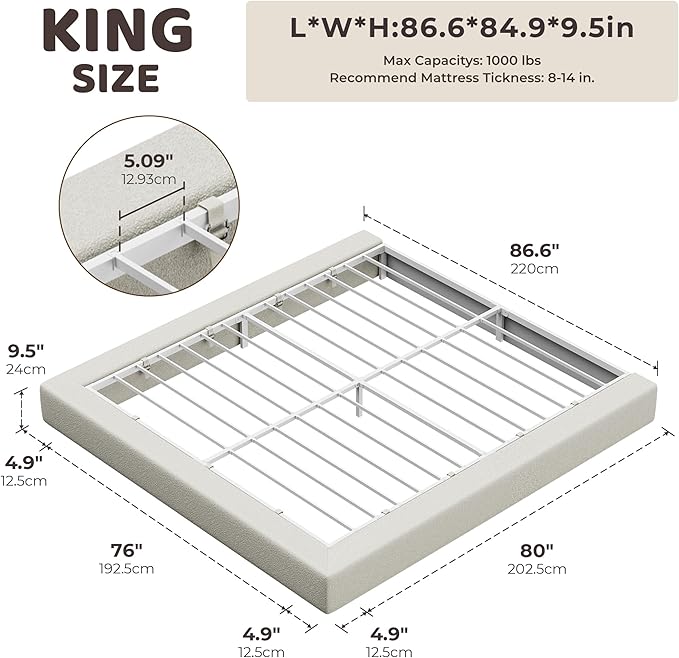 RECCI AirFrame King Size Bed Frame, Cloud Upholstered Platform Bed Frame, 5 Inch Fully Boxy Foam Cushioned, Square Shape Base, No Box Spring Needed, Easy Assembly | Cream Boucle, Soft Low-Profile
