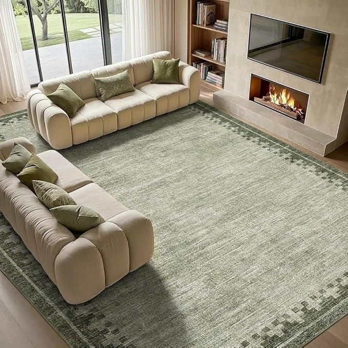 GarveeHome Modern10x13 Washable Bordered Area Rug for Living Room Bedroom Neutral Non Slip Stain Resistant Large Indoor Carpet Foldable Low Pile Dining Room Home Office Rugs, Green