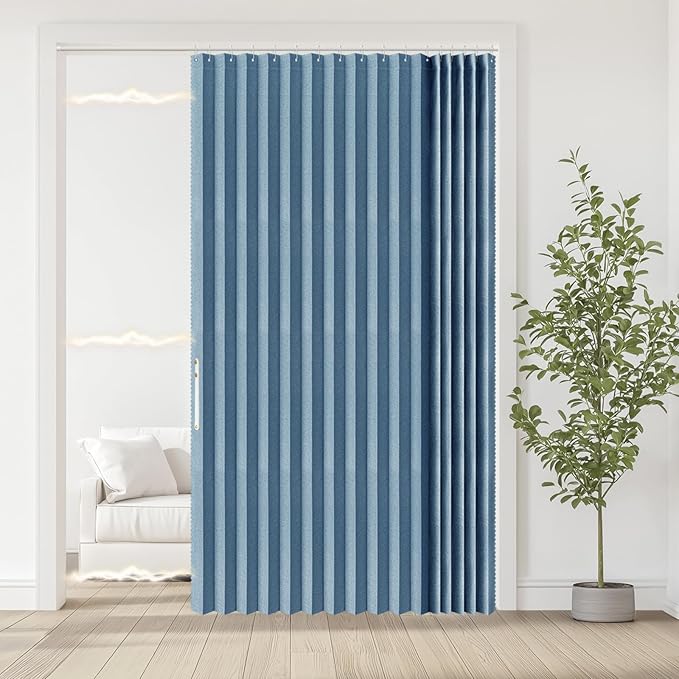 Jilron Accordian Door Curtain, 100% Blackout Folding Magnetic Doorway Curtains,Linen Style Closet Doors,for Room Divider,Privacy Protection（W72 x L78,Blue,1 Panel）