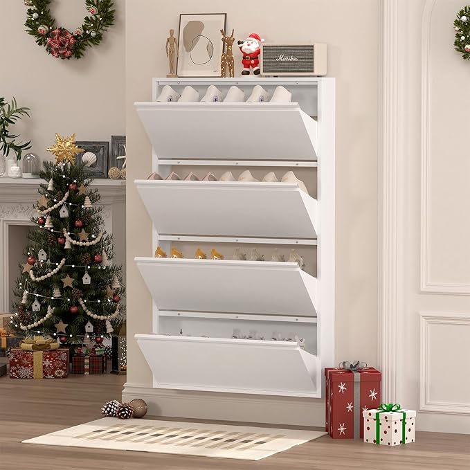 LUCYPAL Shoe Cabinet for Entryway,White Narrow Shoe Storage Cabinet with 4 Flip Drawers,Metal Slim Wall Mounted Shoe Cabinet for Entryway,Hallway,Living Room,White