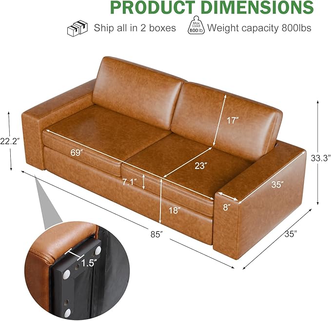 ELUCHANG 85" Faux Leather Sofa Couches, 3 Seater Mid-Century Modern Sofa with Extra Deep Seats, Upholstered Cushion&Removable Cover, Comfy Couch for Small Space Living Room Apartment, Brown